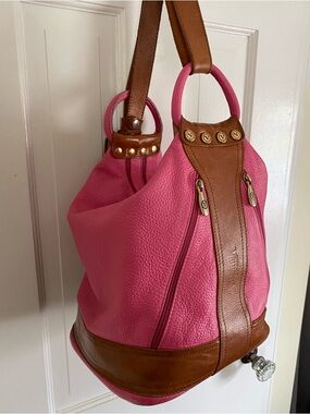 Valentina Convertible Sling Bag, Pink w/Brown Leather, Shoulder Crossbody Purse